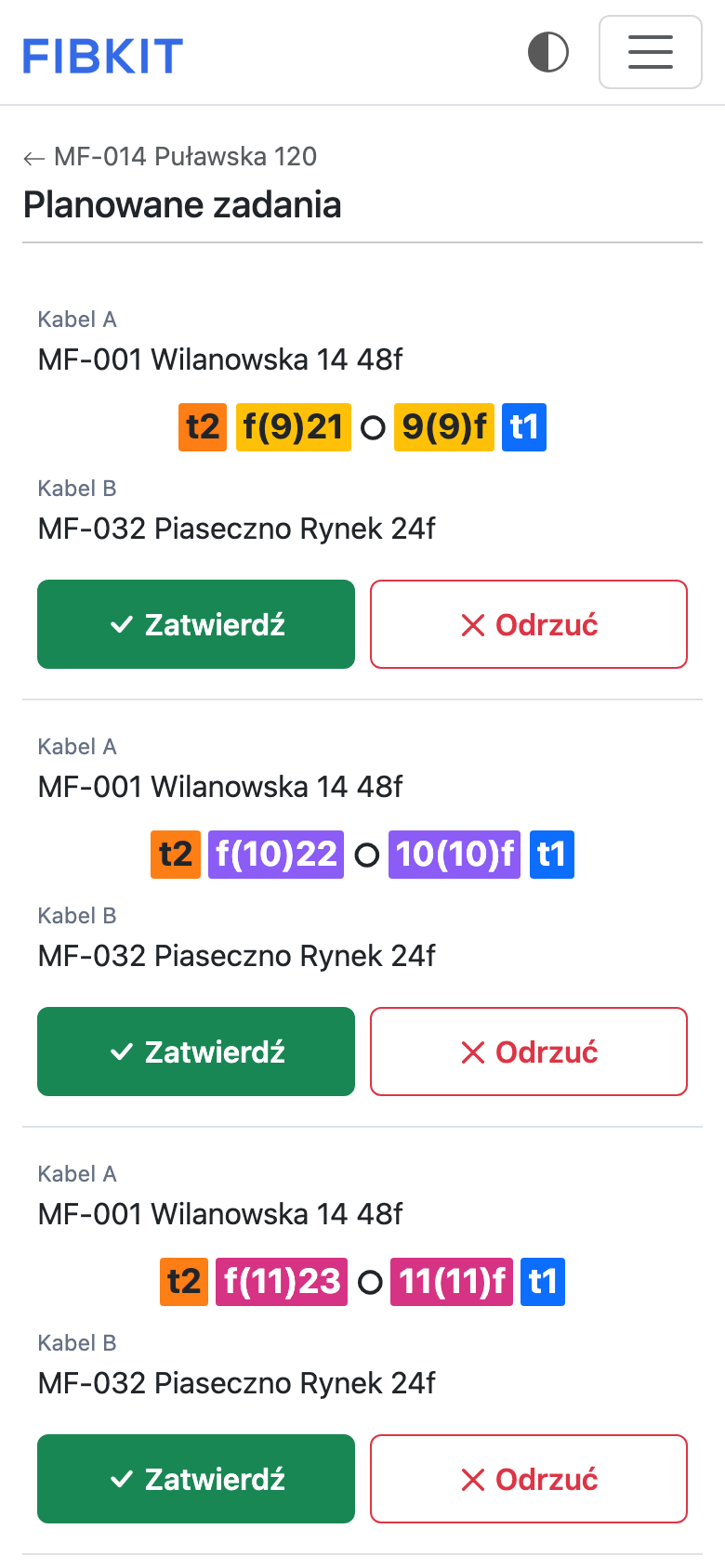 Planowane spawy w mufie – widok mobilny dla technika
